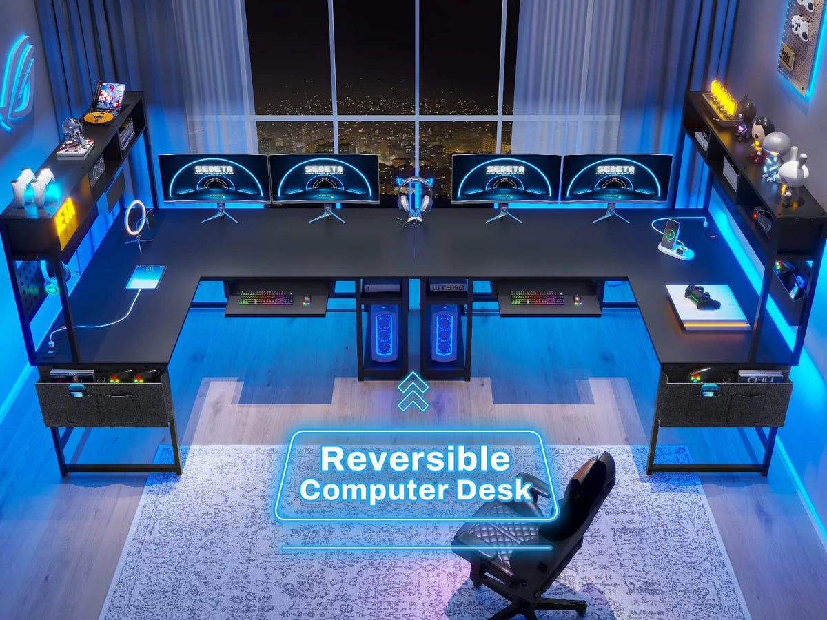 L Shaped Gaming Desk with Power Outlet and Led Light, Black M20547