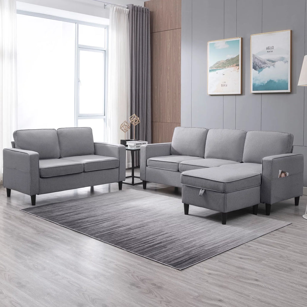 Light Gray 3 Pcs Convertible Sectional Sofa with Storage Ottoman W460