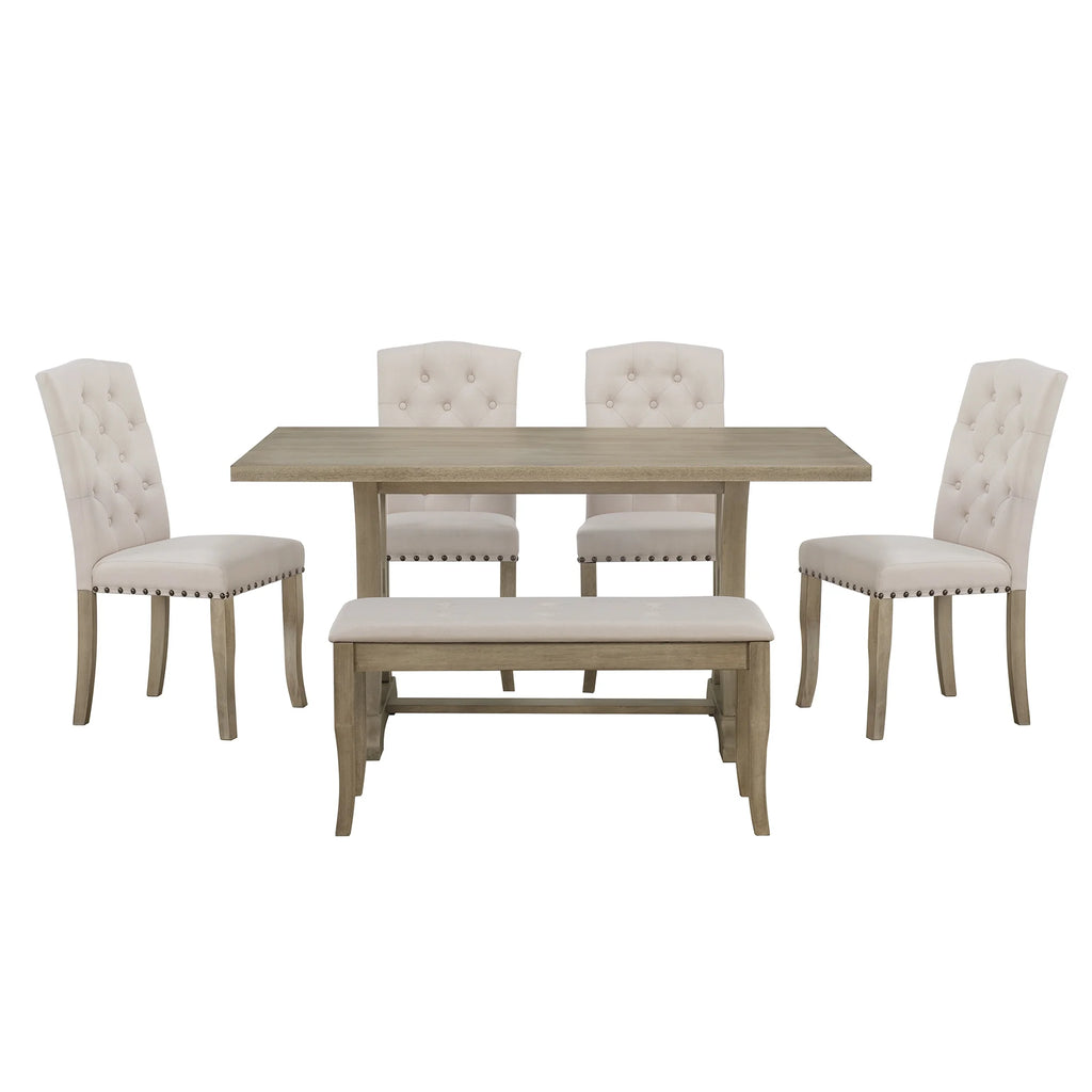 Natural 6 Piece Wood Dining Table Set with Bench and 4 Upholstered Chairs R653