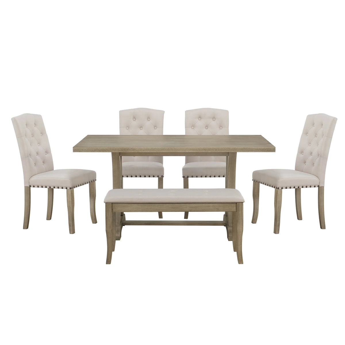 Natural 6 Piece Wood Dining Table Set with Bench and 4 Upholstered Chairs R653