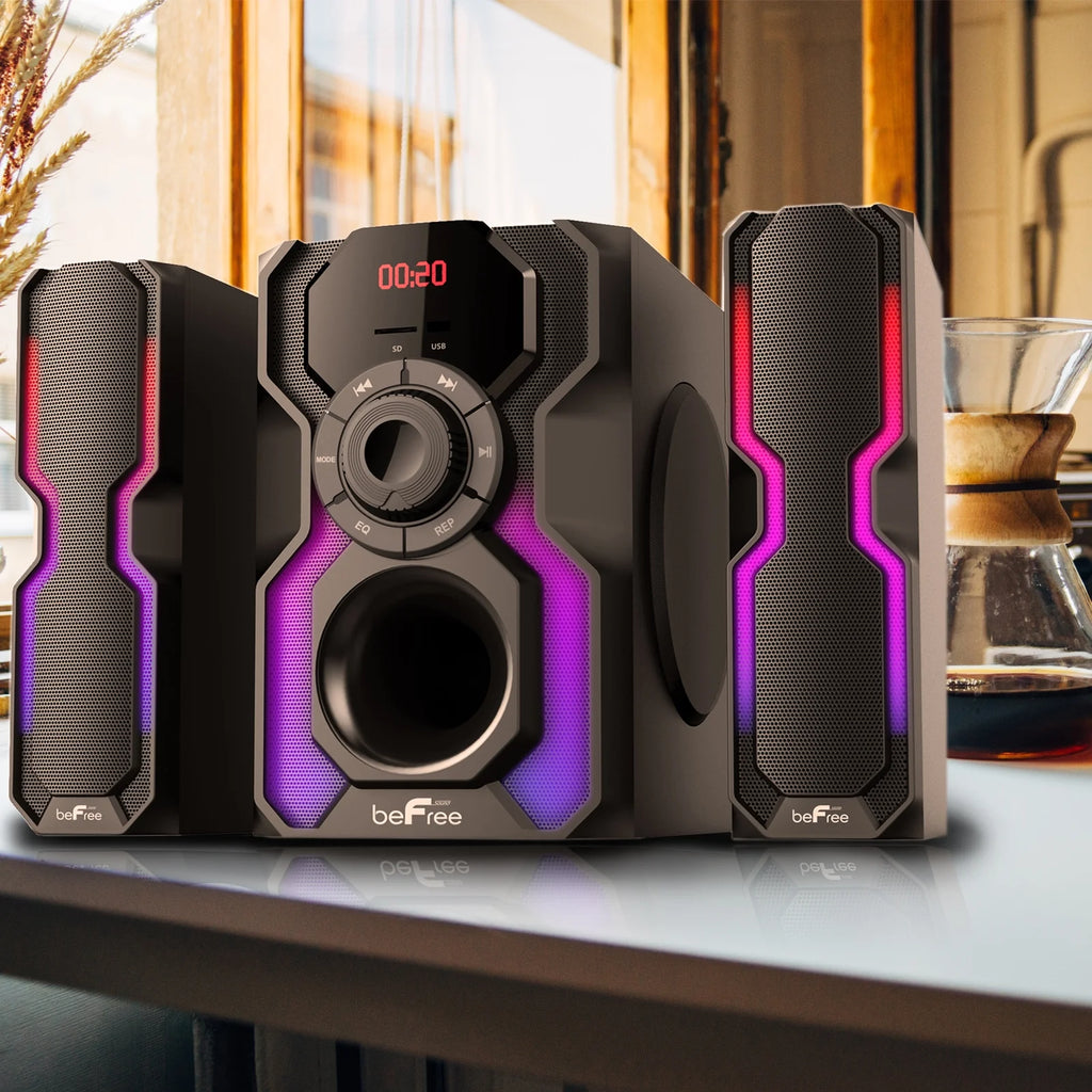 2.1 Channel Bluetooth Wired Speaker Stereo System with LED Lights, FM Radio, USB & SD Inputs - Black & Silver D345