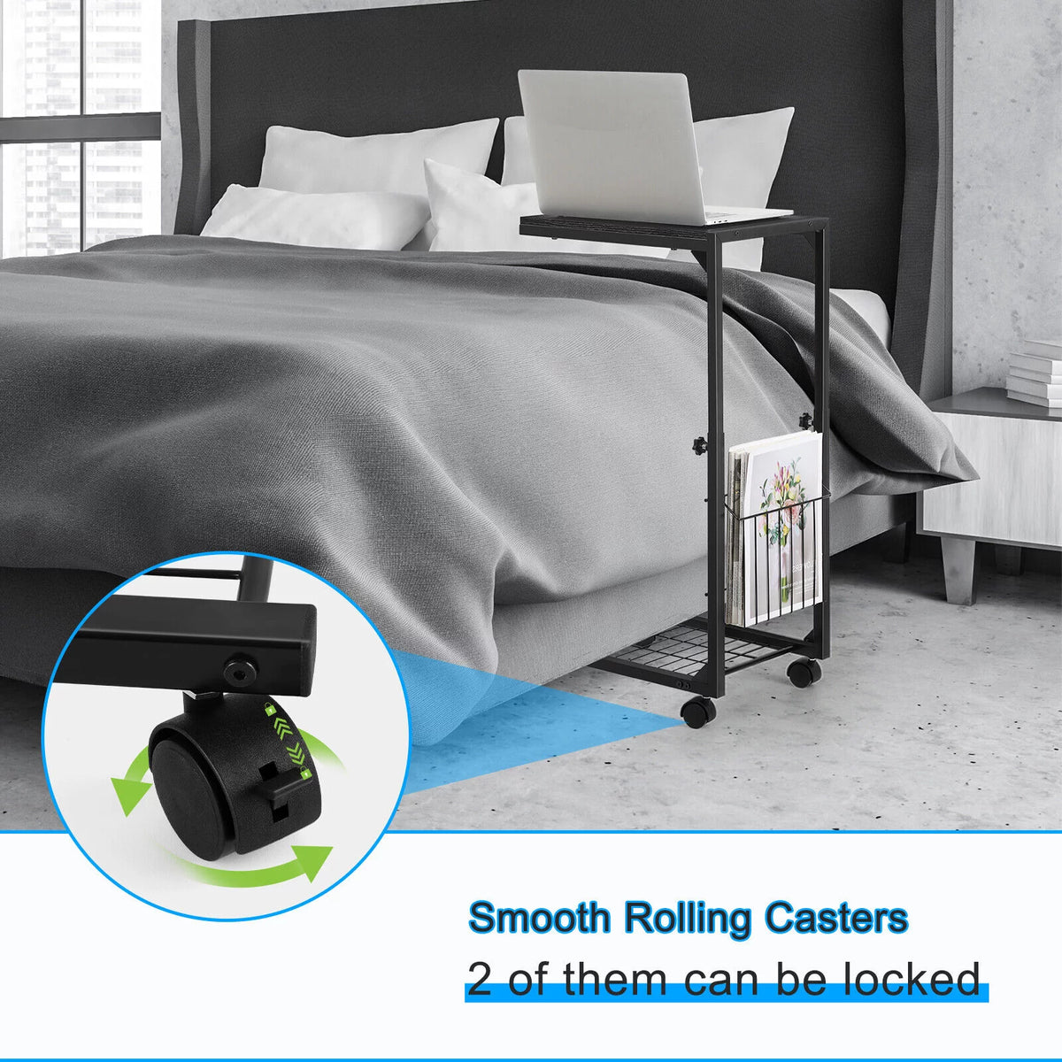 C Shaped Side Table with Wheels & Storage Shelves H28882