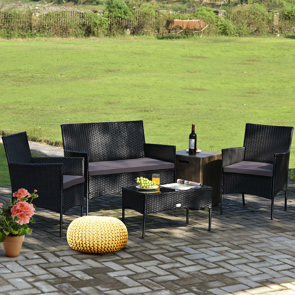 4 Pcs Cushioned Patio Rattan Furniture Set D400