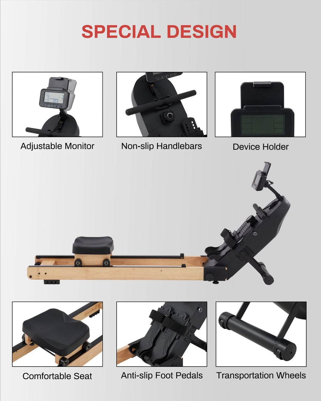 Wooden Magnetic Rower Machine with 16 Levels of Resistance S2803