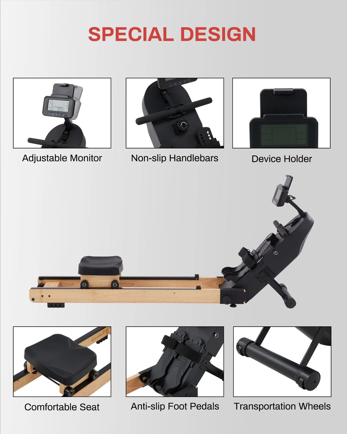 Wooden Magnetic Rower Machine with 16 Levels of Resistance S2803