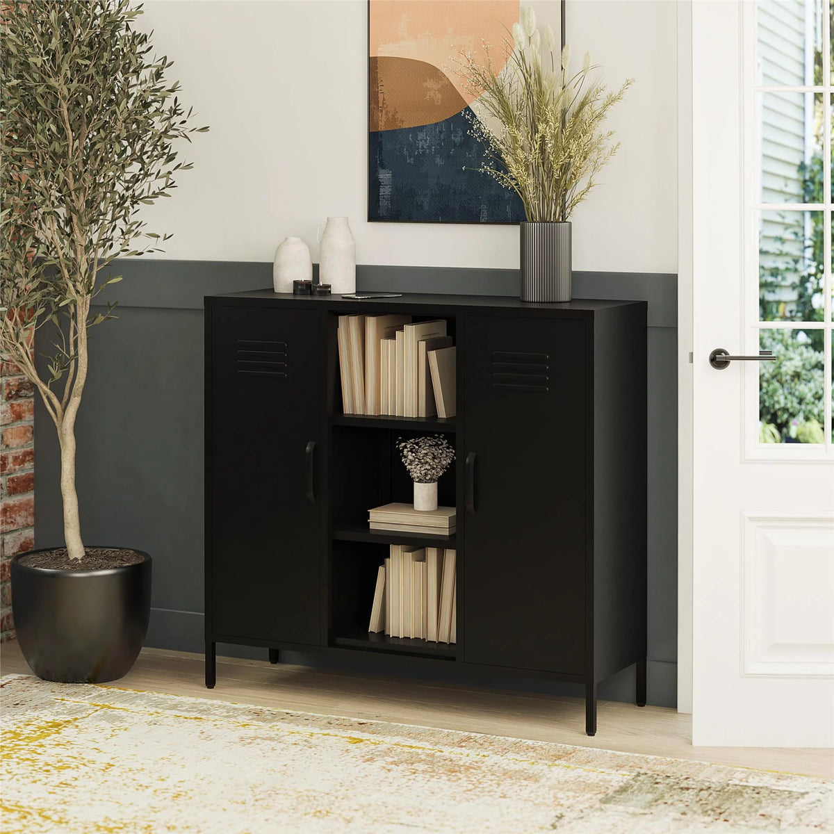 2 Door Metal Locker Accent Storage Cabinet with Bookcase, Black X66080