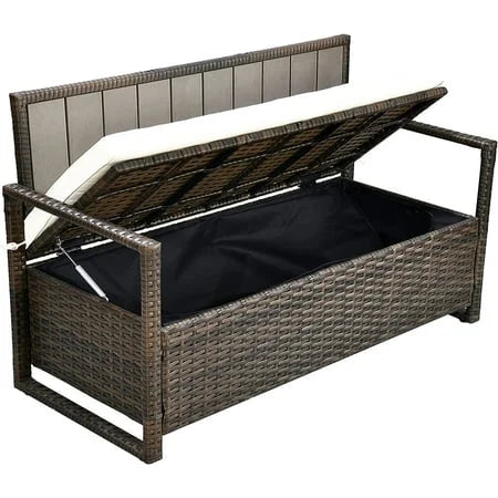 Brown Wicker Outdoor Storage Bench Loveseat U29837