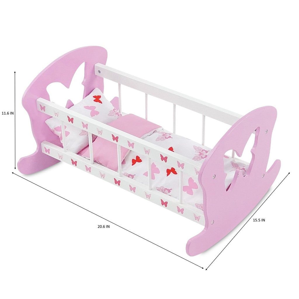 Doll Rocking Cradle with 3 Piece Reversible Doll Bedding I743