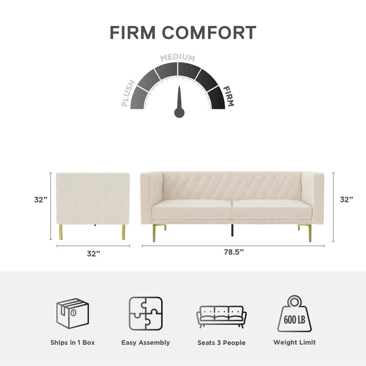 Ivory Velvet Sofa with Gold Finish Metal Legs D525