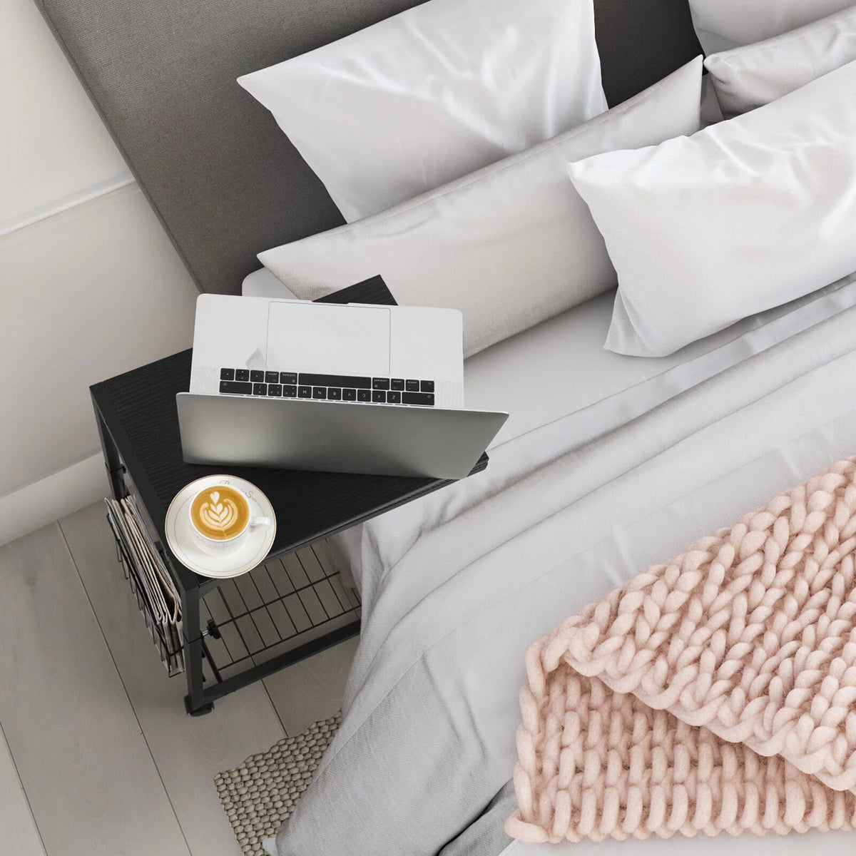 C Shaped Side Table with Wheels & Storage Shelves H28882