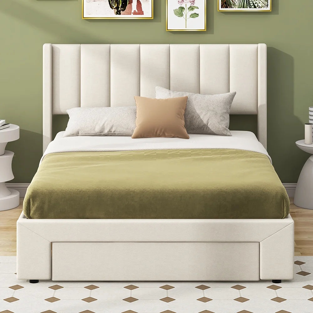 Beige Queen Size Upholstered Platform Bed with 3 Storage Drawers P915