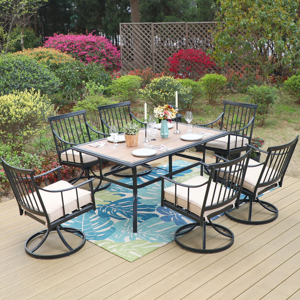7-Piece Outdoor Dining Set with Faux Wood Table and Swivel Cushioned Chairs J400