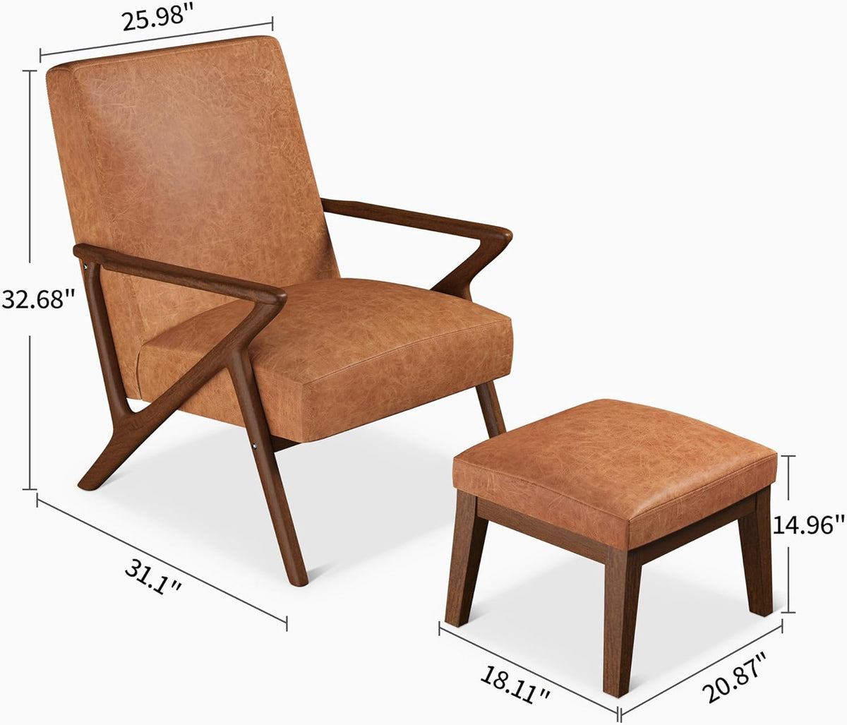 Brown Leather Accent Chair with Ottoman Solid Wood Armchair M95506