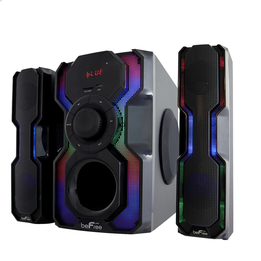 2.1 Channel Bluetooth Wired Speaker Stereo System with LED Lights, FM Radio, USB & SD Inputs - Black & Silver D345