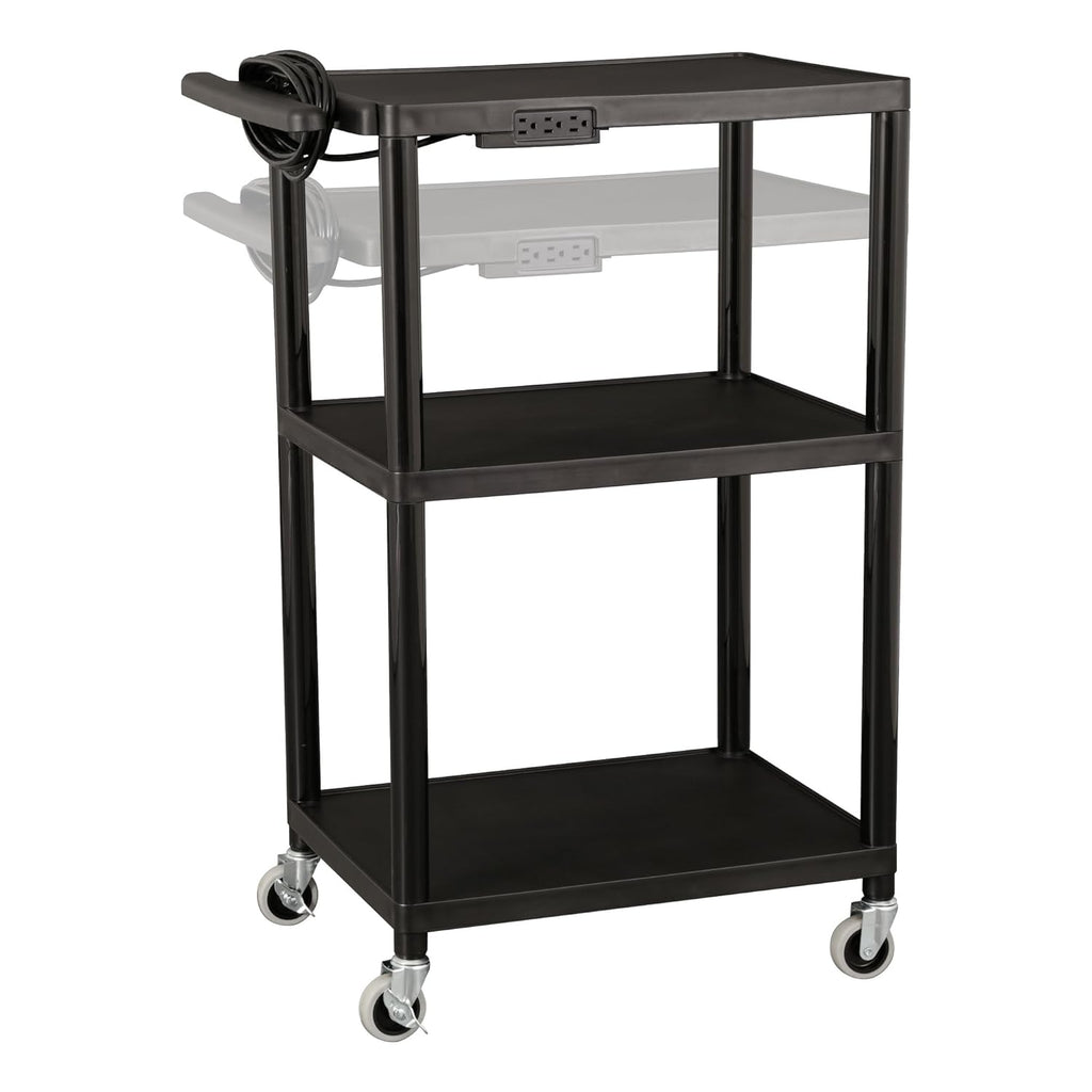 Black Plastic Utility AV Cart with Power Strip K8983