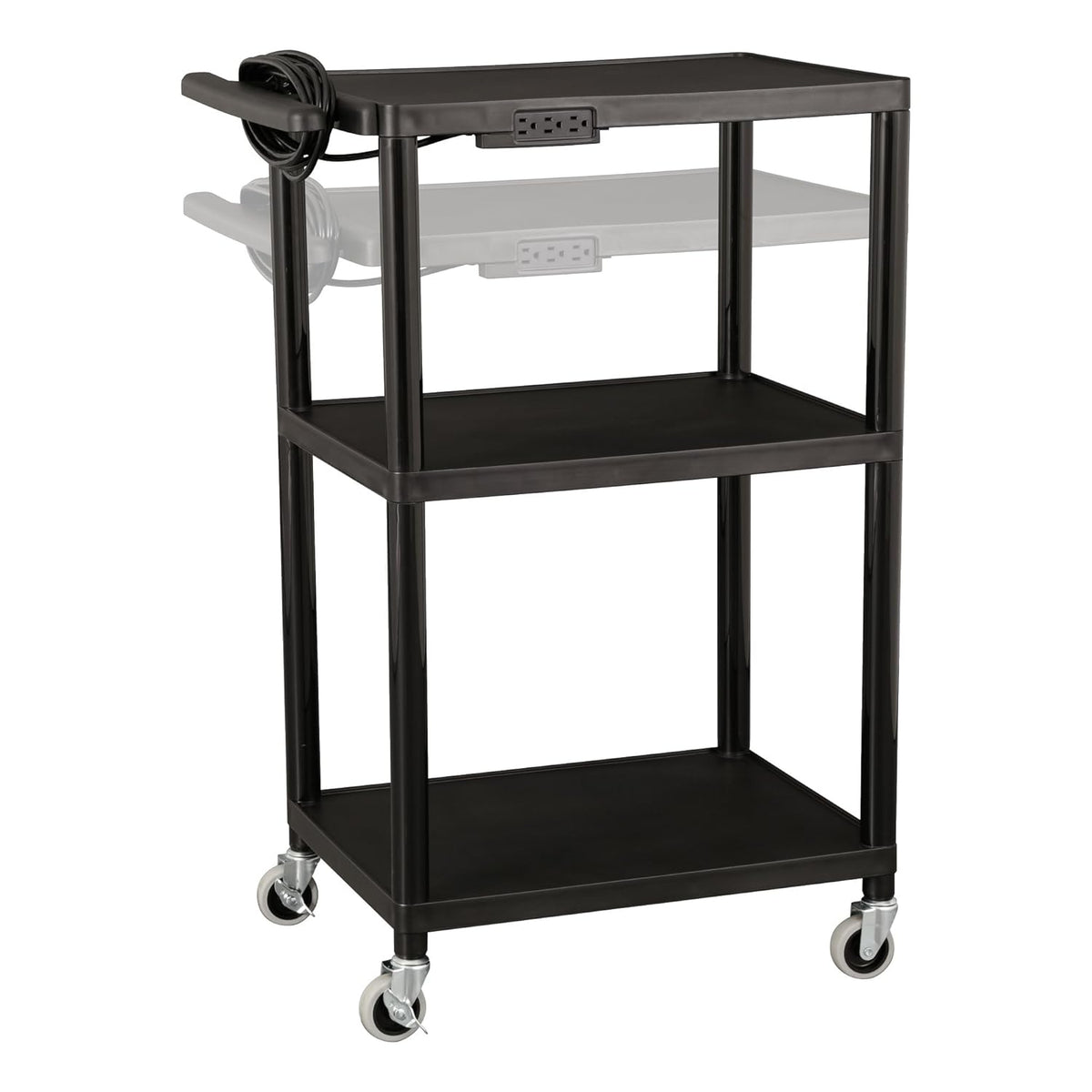 Black Plastic Utility AV Cart with Power Strip K8983