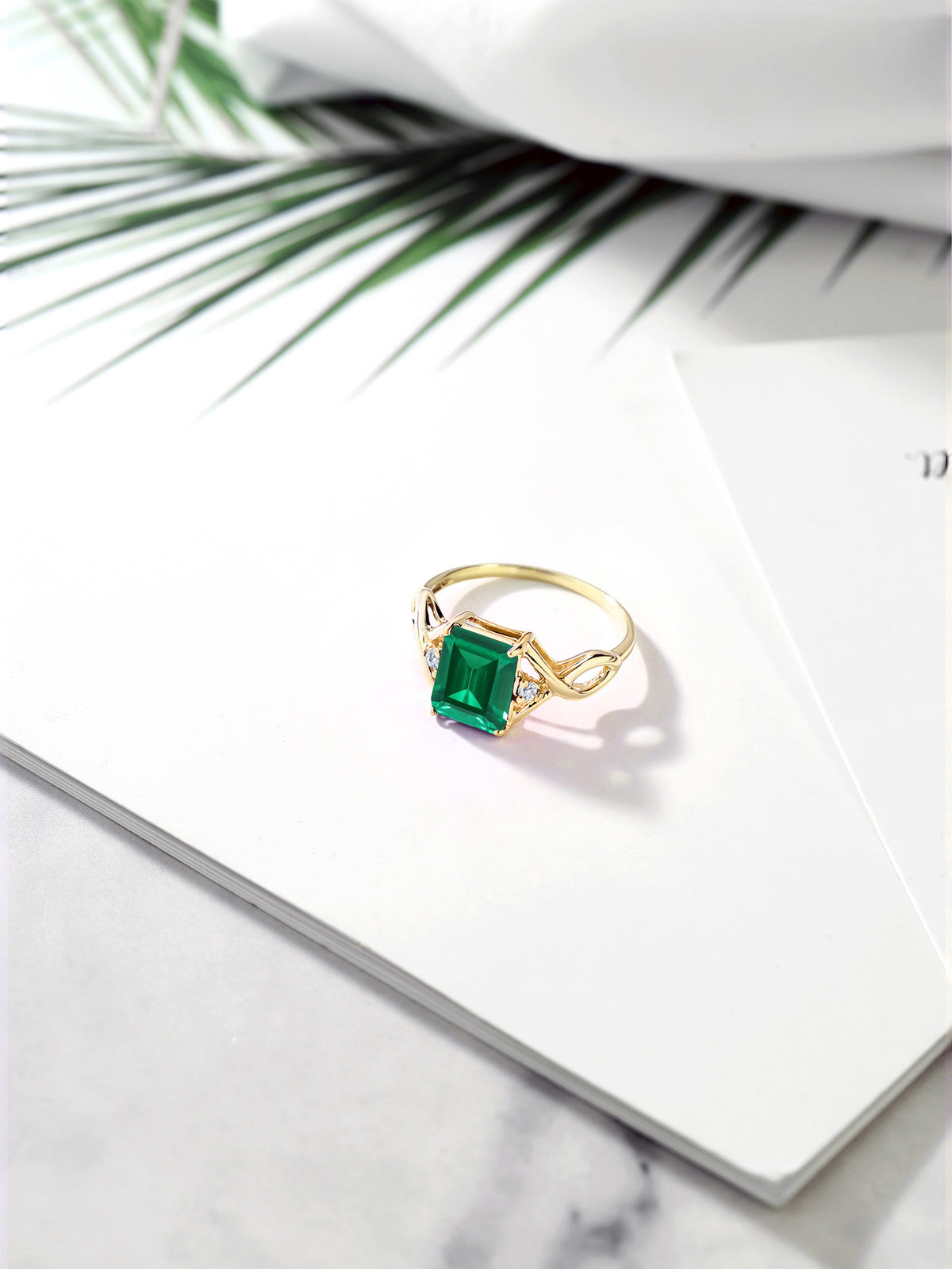 18K Yellow Gold Plated Silver Green Simulated Emerald and White Lab Grown Diamond Ring (2.03 Cttw) C551