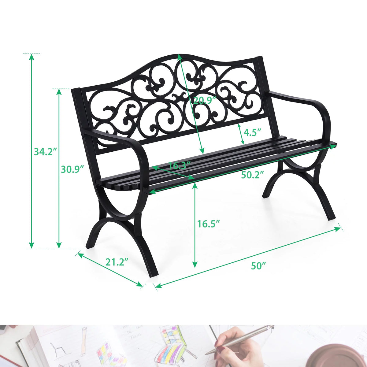 50" Outdoor Iron Cast Garden Park Bench - Black L929