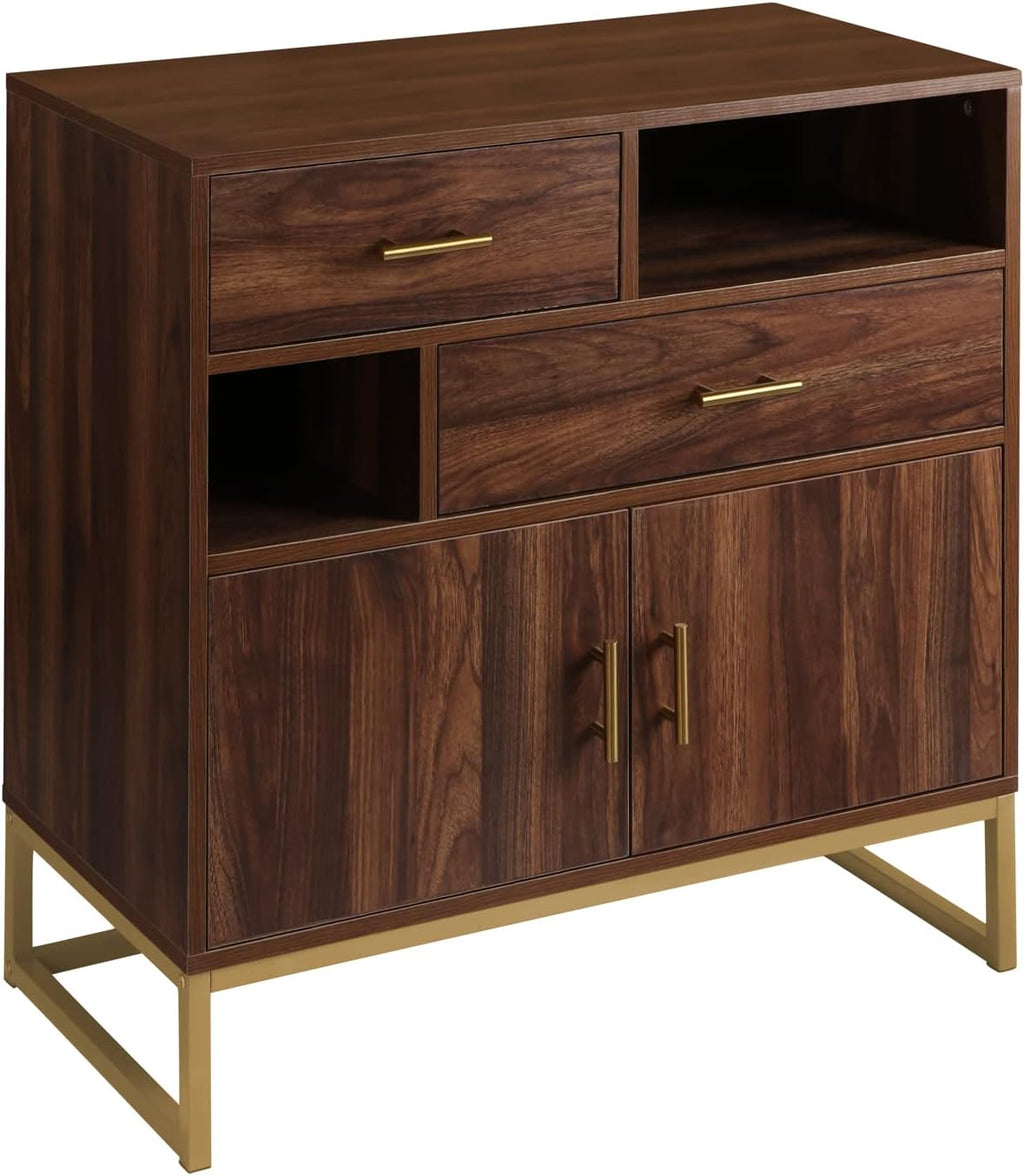 Walnut Wood 2 Doors Accent Storage Cabinet with Drawers and Shelves R494
