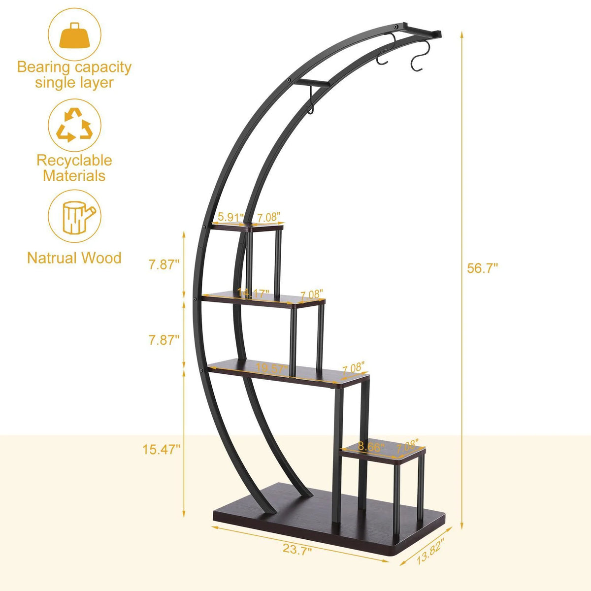 5 Tier Half Moon Shape Plant Stand with Hanging Hook V944822