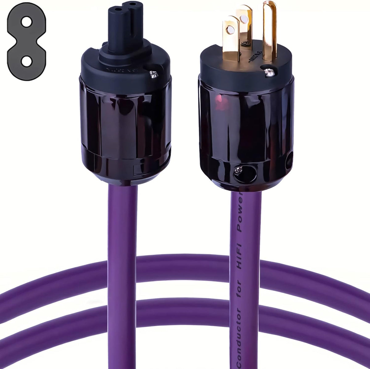 12AWG 7N OCC Figure 8 AC Power Cable, 24K Gold Plated US Plug, IEC320-C7, 125V/15A, 3.3FT, Pack of 2 Z248