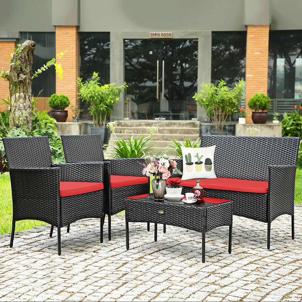 4 Pcs Cushioned Patio Rattan Furniture Set D400