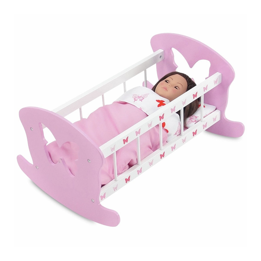 Doll Rocking Cradle with 3 Piece Reversible Doll Bedding I743