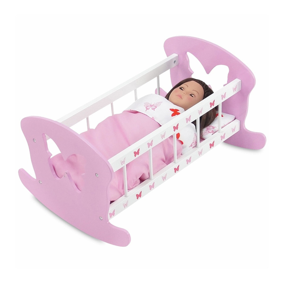 Doll Rocking Cradle with 3 Piece Reversible Doll Bedding I743