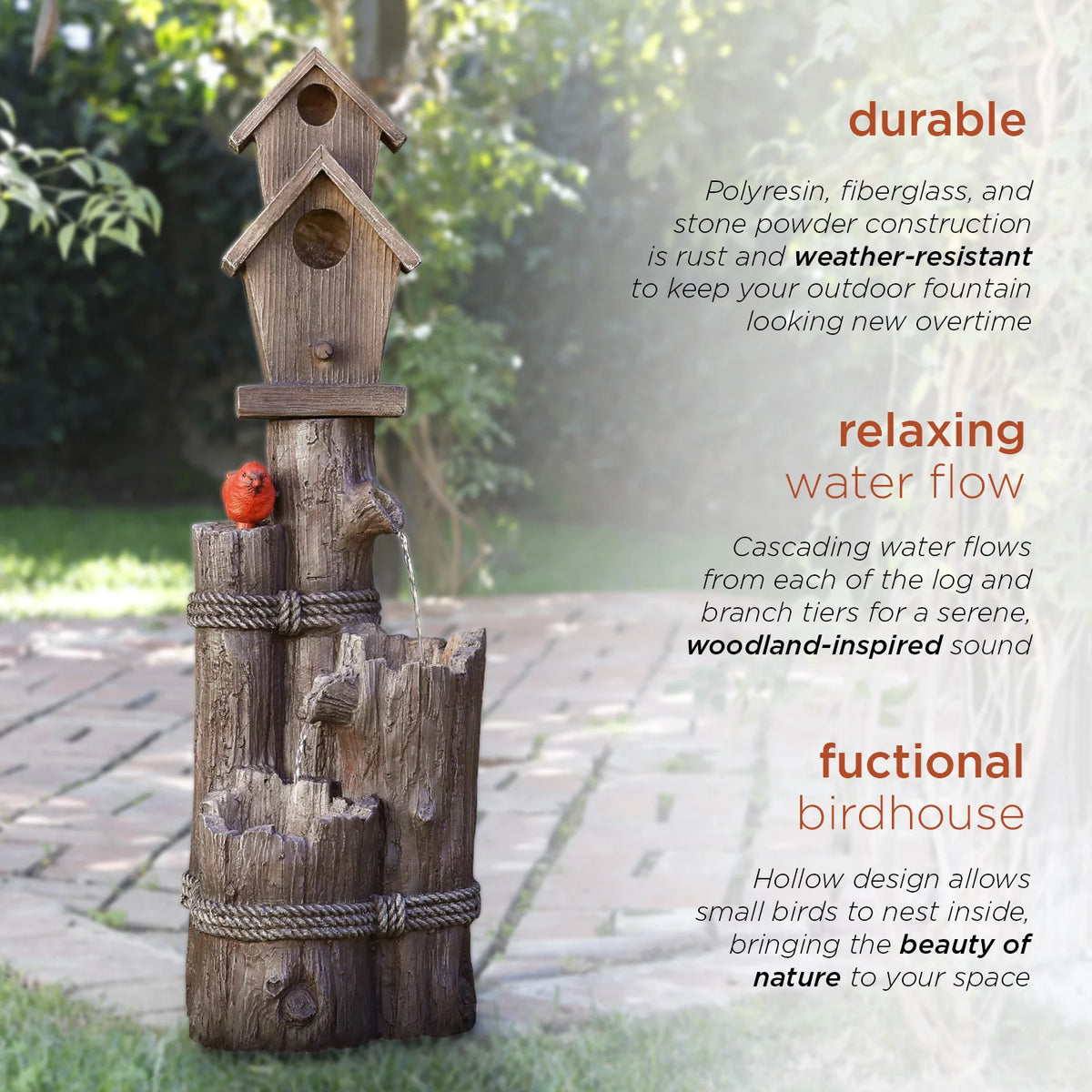 35-Inch Fountain and Birdhouse with Cardinal Figurine C84782