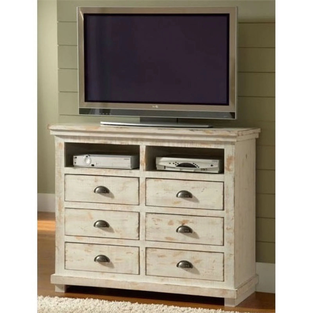 Distressed White 6 Drawer Wooden Media Chest S569