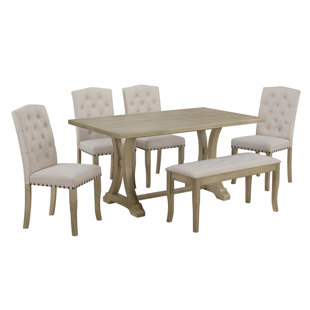 Natural 6 Piece Wood Dining Table Set with Bench and 4 Upholstered Chairs R653