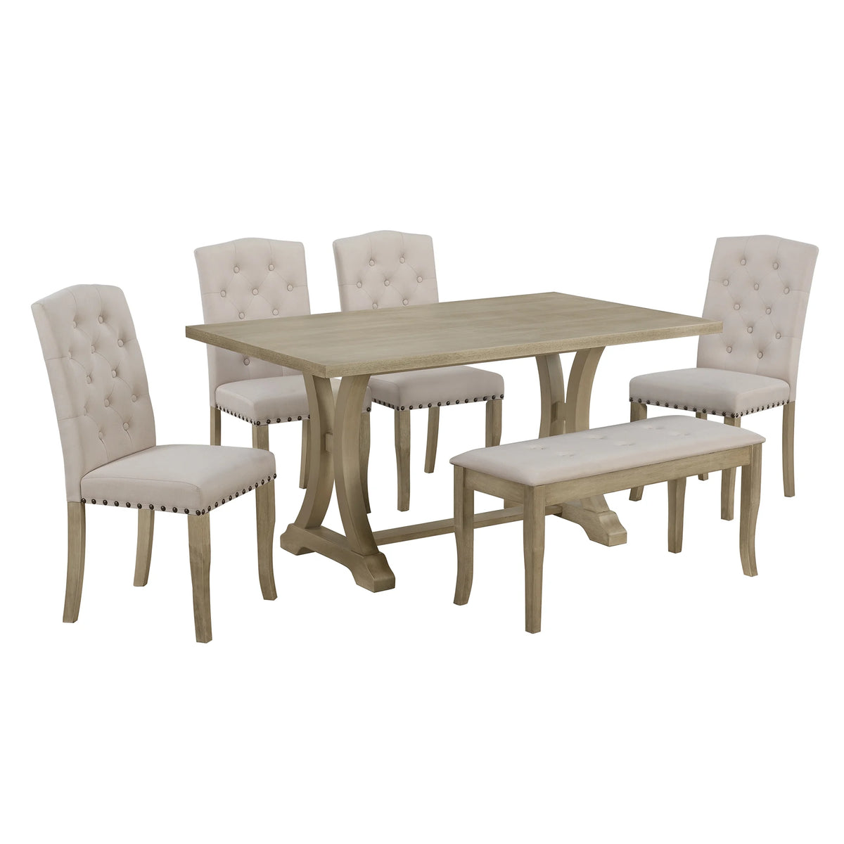 Natural 6 Piece Wood Dining Table Set with Bench and 4 Upholstered Chairs R653