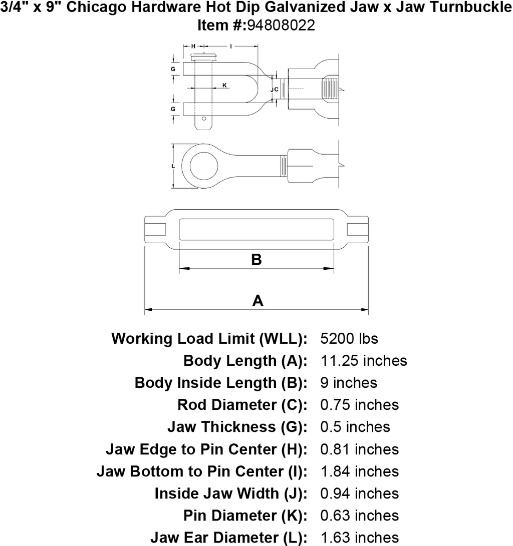 3/4 x 9 Hot Dip Galvanized Jaw x Jaw Turnbuckle H36103