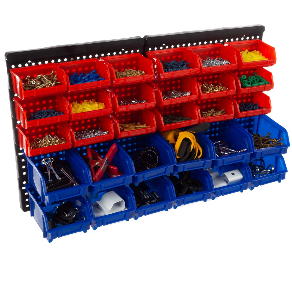 Wall-Mounted Garage Storage Bins 30-Compartment Black Red Blue K839593