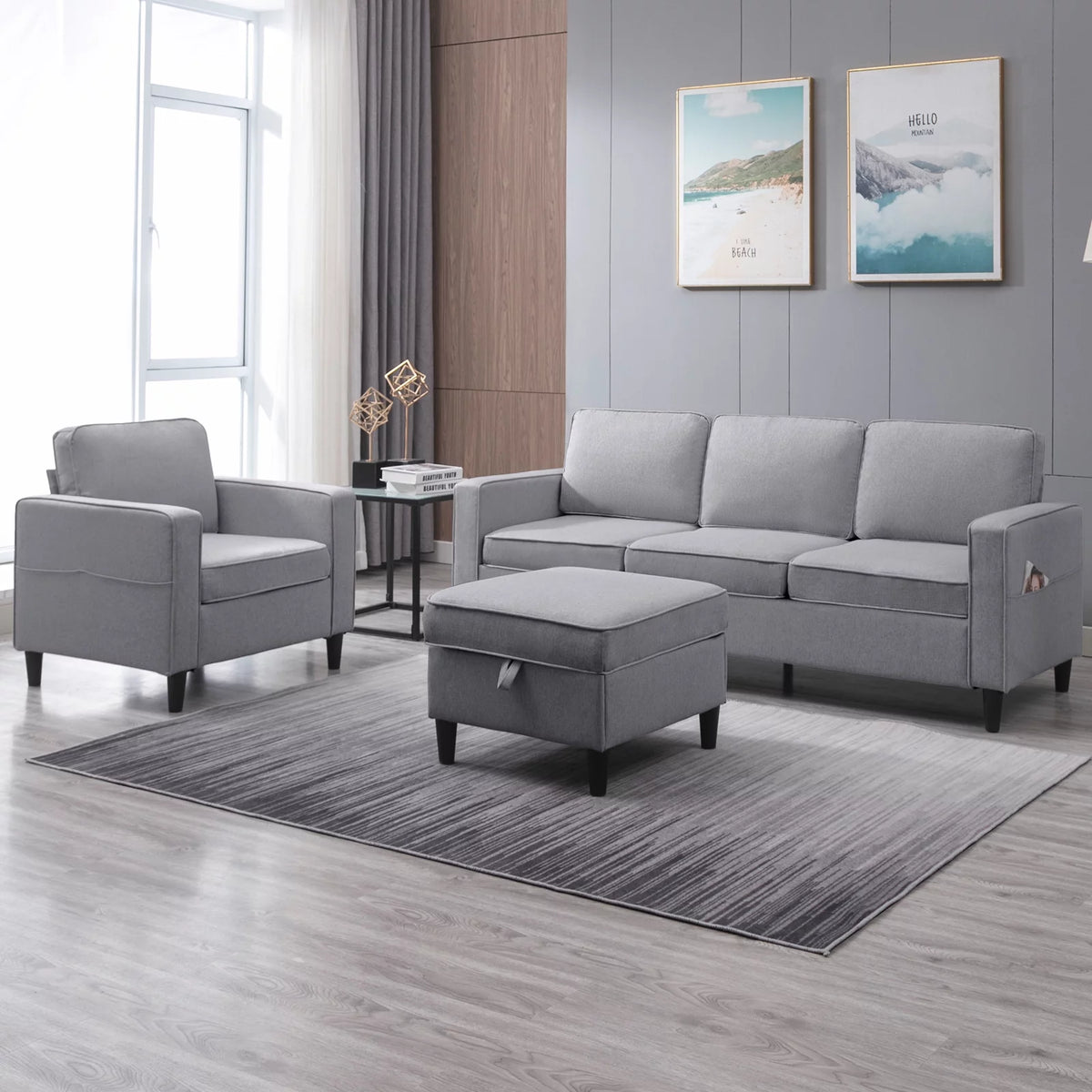 Light Gray 3 Pcs Convertible Sectional Sofa with Storage Ottoman W460