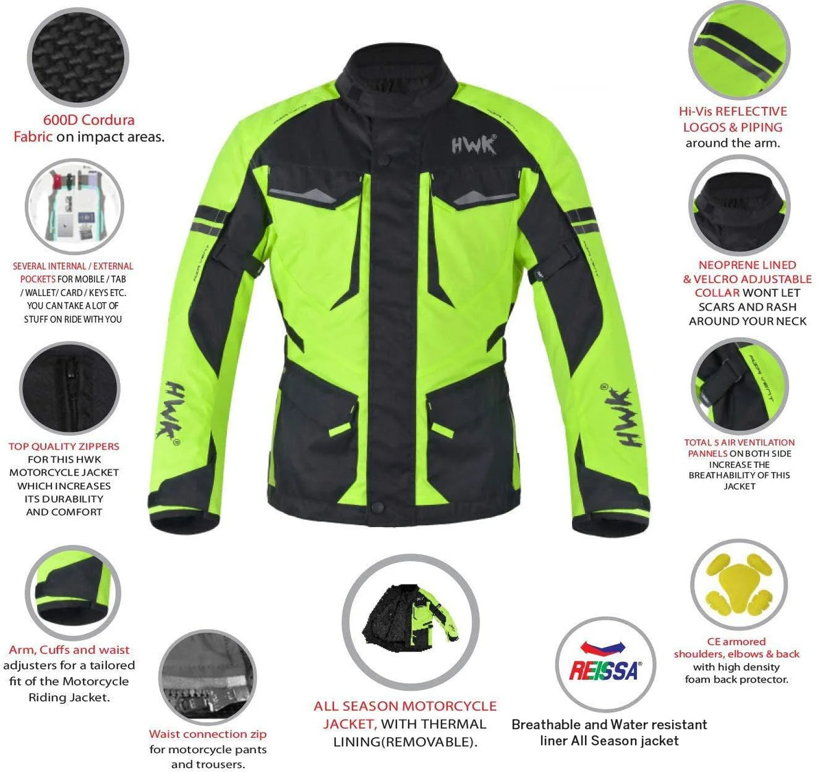 Motorcycle Jacket with Cordura Textile Fabric and Armor Hi-Vis Green XL X113