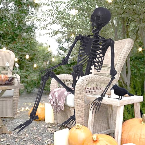 5.4Ft Posable Skeleton with Movable Joints and 2PC Black Feathered Crows M596
